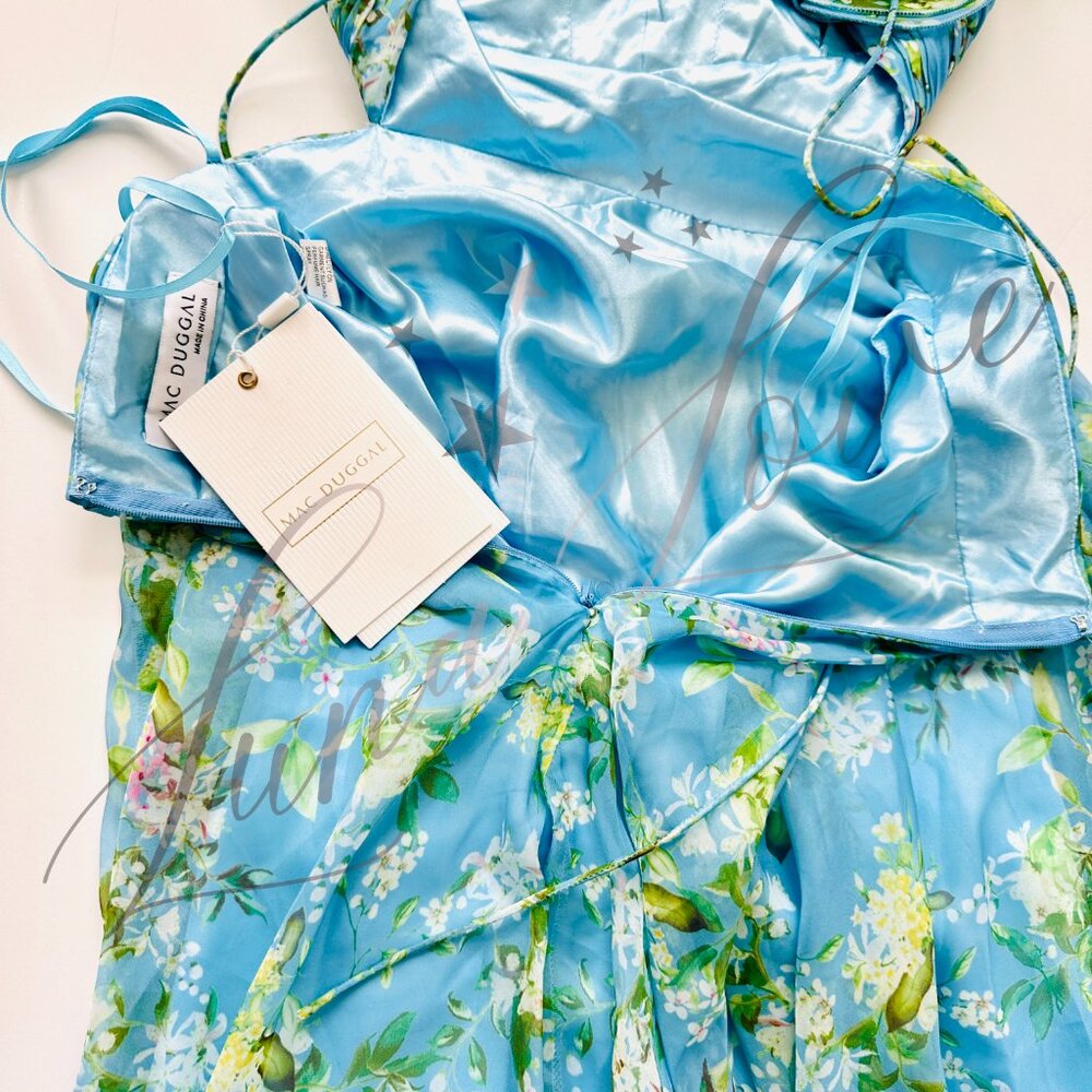 MAC DUGGAL x Anthropologie Blue Ruffle Tiered Floral Cut-Out Chiffon Gown NWT - Picture 9 of 11